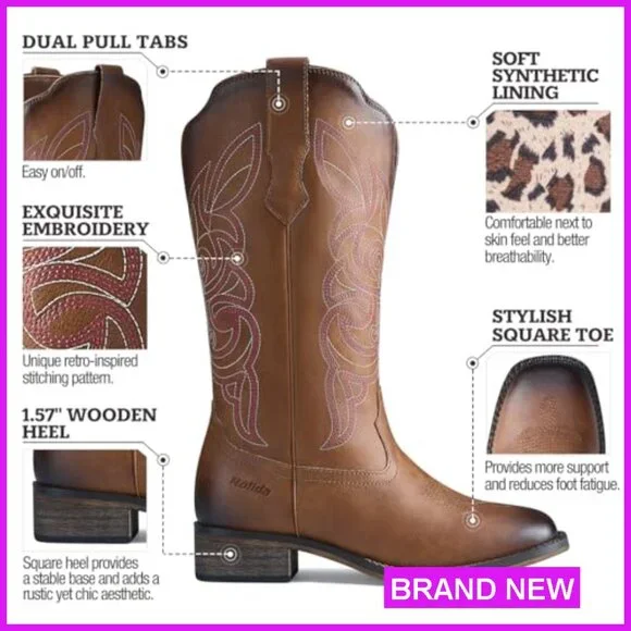 Vintage Western Cowgirl Boots Square Toe Mid Calf Chunky Heel Fashion - Picture 4 of 6